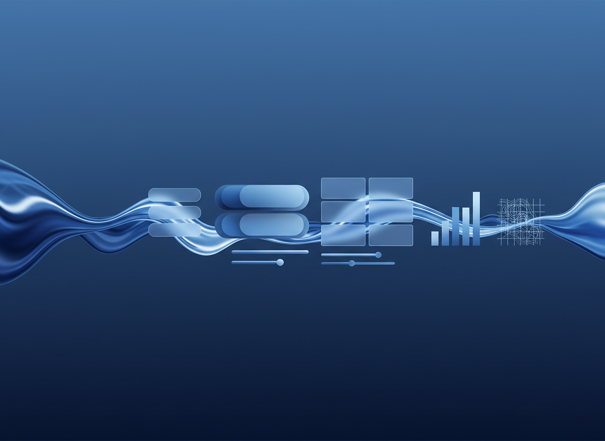 Layered blue interface cards and data shapes emerging from a flowing digital stream, representing adaptive AI-generated software.