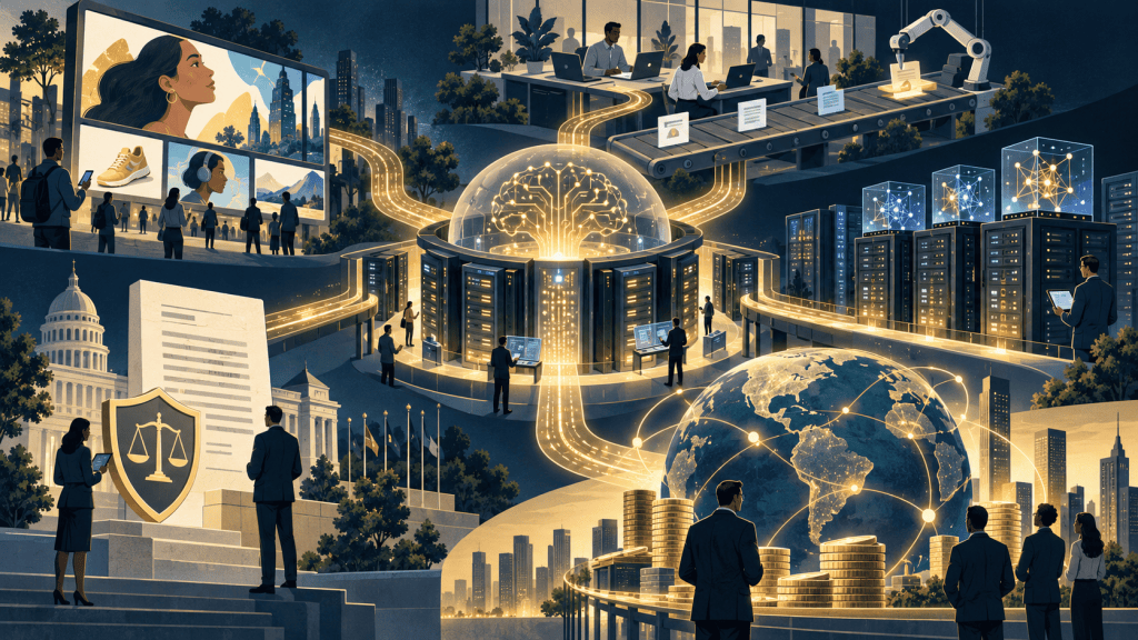 Illustration of AI infrastructure connecting advertising, enterprise workflows, governance and capital.