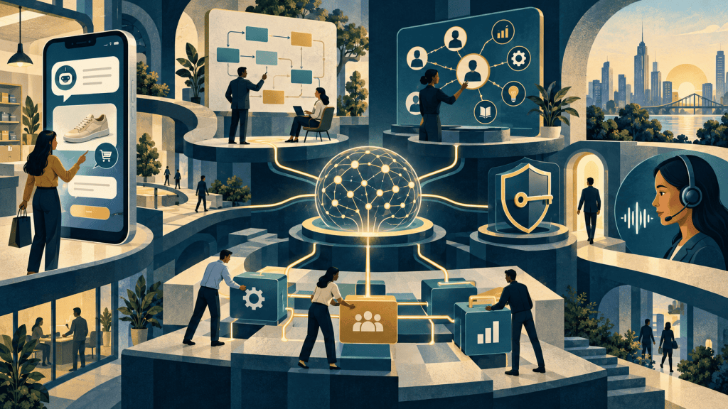 Illustration of AI connecting commerce, workforce skills, secure access and voice customer service.