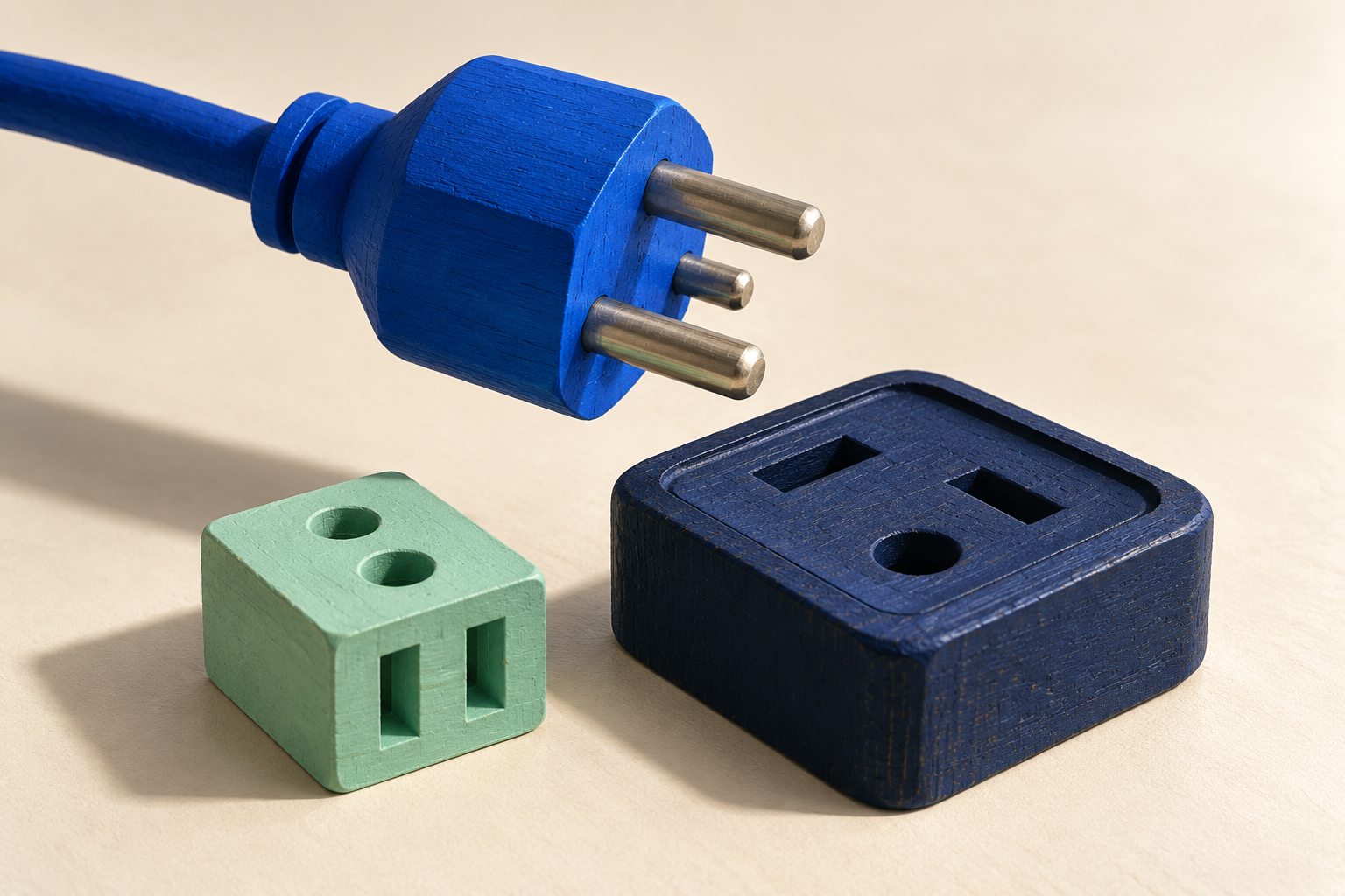 A cobalt plug hovers above a mismatched navy socket beside a mint adapter, illustrating the work of connecting AI to business operations.