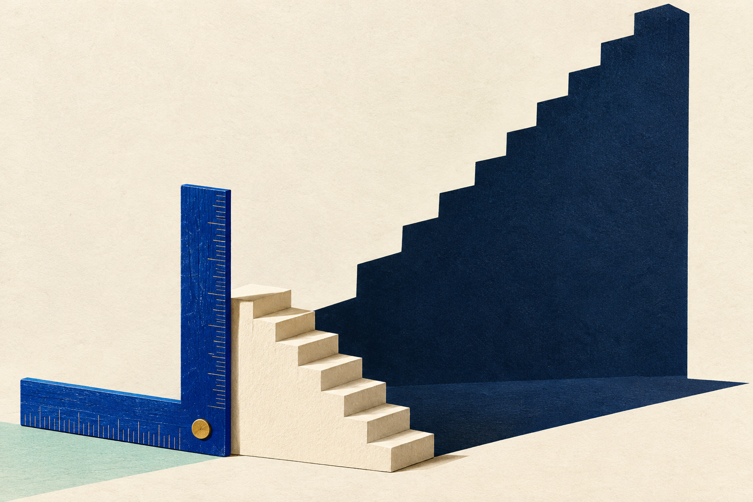 A cobalt measuring square stands beside small ivory stairs casting an oversized navy staircase shadow.