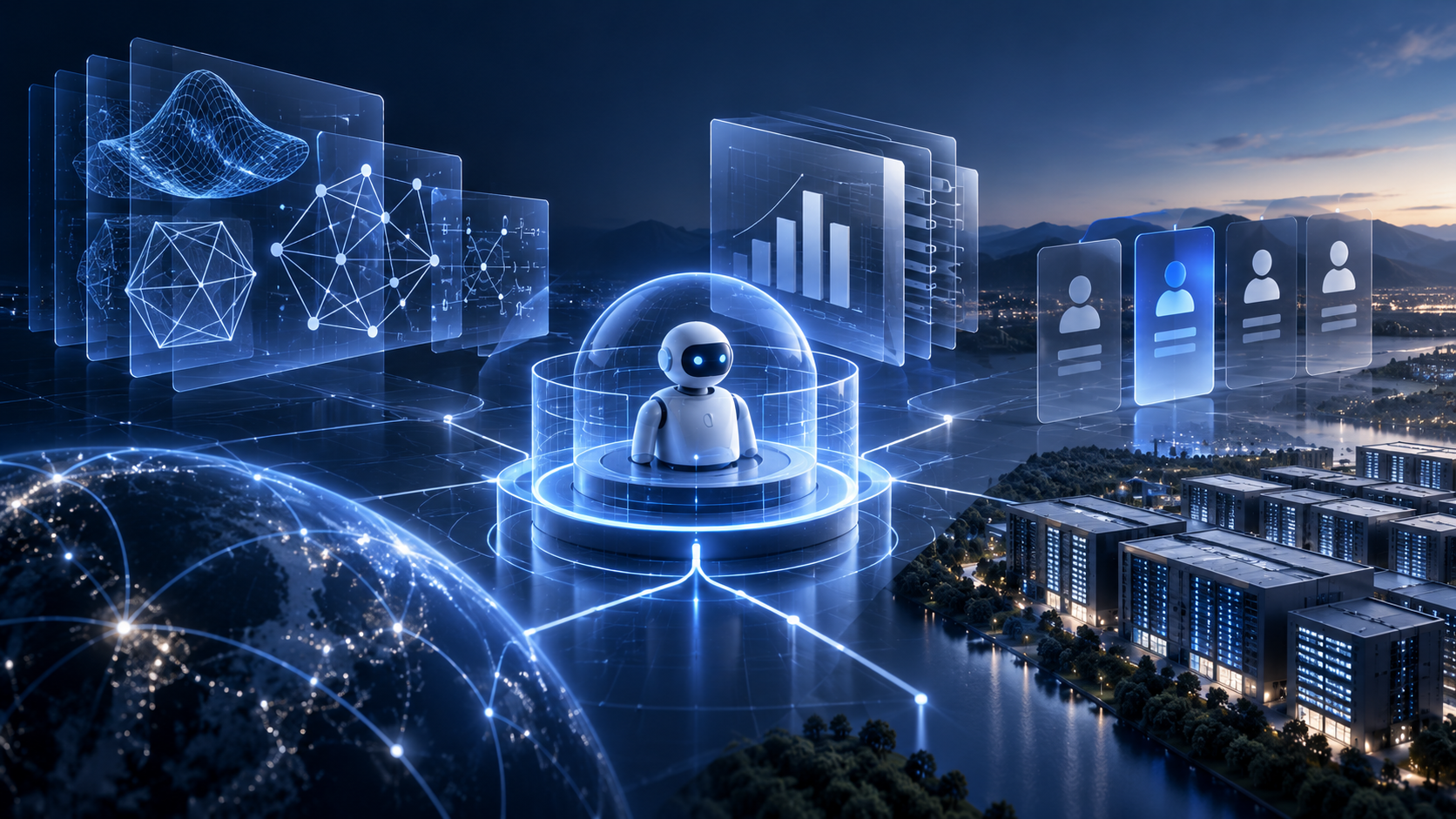 A luminous AI system surrounded by mathematical models, safety boundaries, economic signals, access controls, and connected data centers in an abstract blue technology landscape.